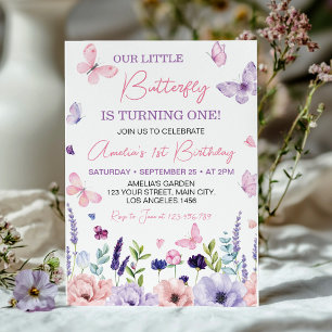 Invitation Petit Papillon rose violet fleuri Anniversaire
