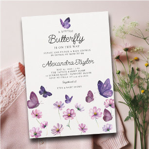 Invitation Petit Papillon sauvage violet rose bébé fille Douc