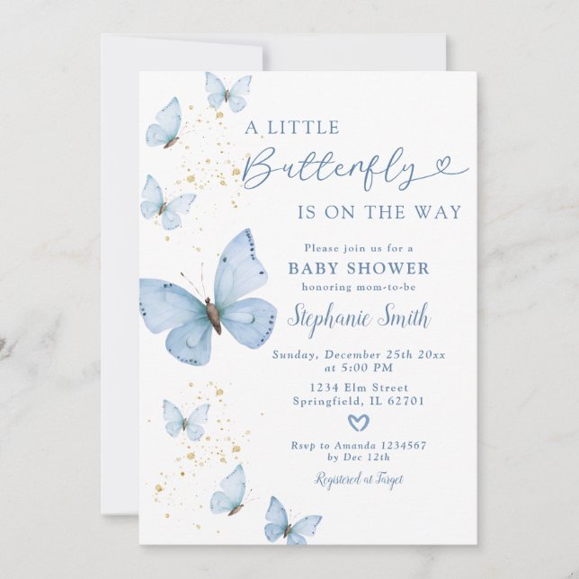 Invitation Petit Papillon Sur Le Chemin Baby shower Or Bleu (Devant)