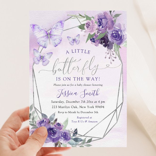 Invitation Petit Papillon Sur Le Chemin Du Baby shower Violet (Créateur téléchargé)