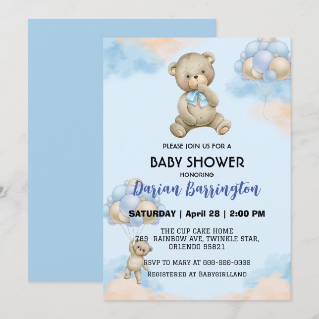 Invitation Petit peluche Bear dégradé ballon bébé douche garç (Devant / Derrière)
