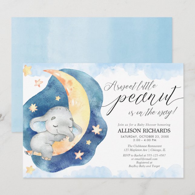 Invitation Petit petit baby shower de lune d'éléphant de caca (Devant / Derrière)