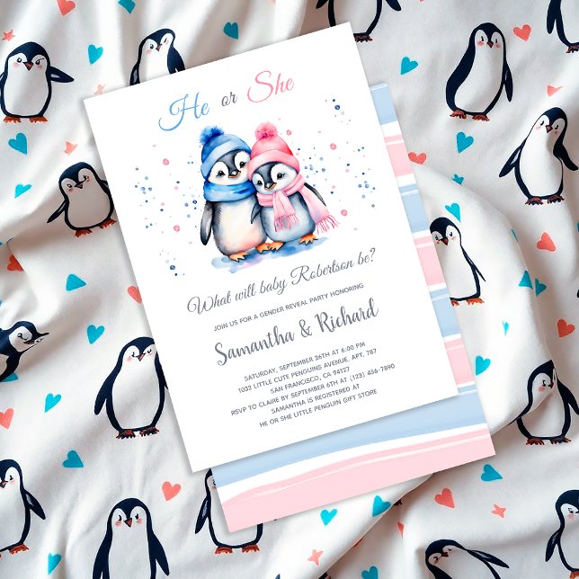 Invitation Petit pingouin mignon Révélation de genre hivernal (Créateur téléchargé)
