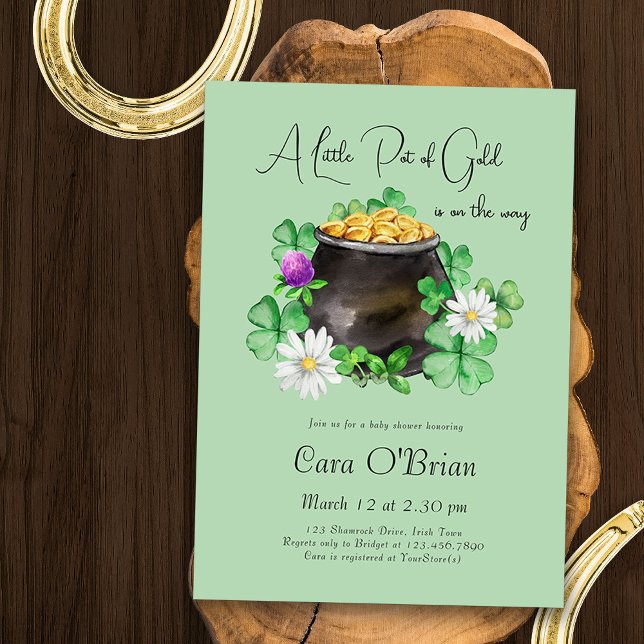 Invitation Petit Pot de Baby shower Shamrock d'Irlande d'or (A Little Pot of Gold is on the Way - Gender Neutral Baby Shower Invite with Lucky Irish theme)