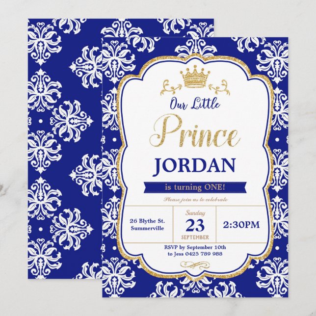 Invitation Petit Prince 1er anniversaire Royal Blue Damask Bo (Devant / Derrière)