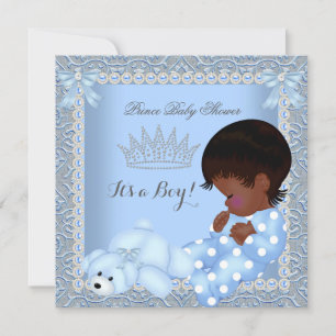 Invitation Petit Prince Baby Shower Garçon Bleu Damassé Perle