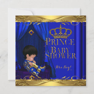 Invitation Petit Prince Baby Shower Garçon Couronne Bleu Roya
