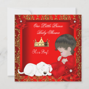 Invitation Petit Prince Baby Shower Garçon Rouge Or Damassé