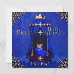 Invitation Petit Prince Bébé Garçon Couronne Bleu Royal Fête 
