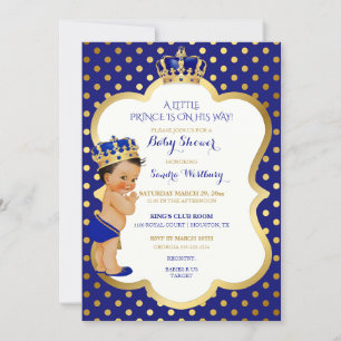 Invitation Petit Prince Couronne Bleu Royal et Points Dorés