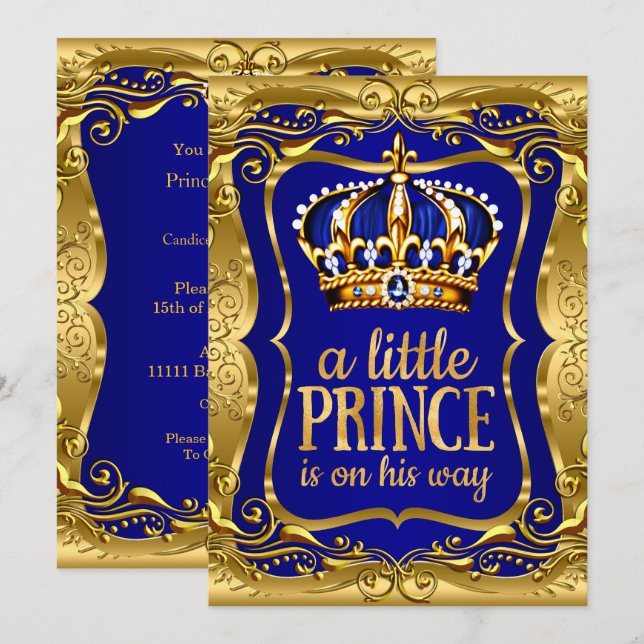 Invitation Petit Prince sur son chemin Baby shower Gold Blue (Devant / Derrière)