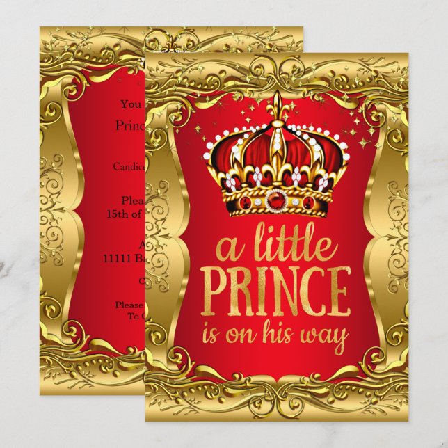 Invitation Petit Prince sur son chemin Baby shower Gold Red (Devant / Derrière)