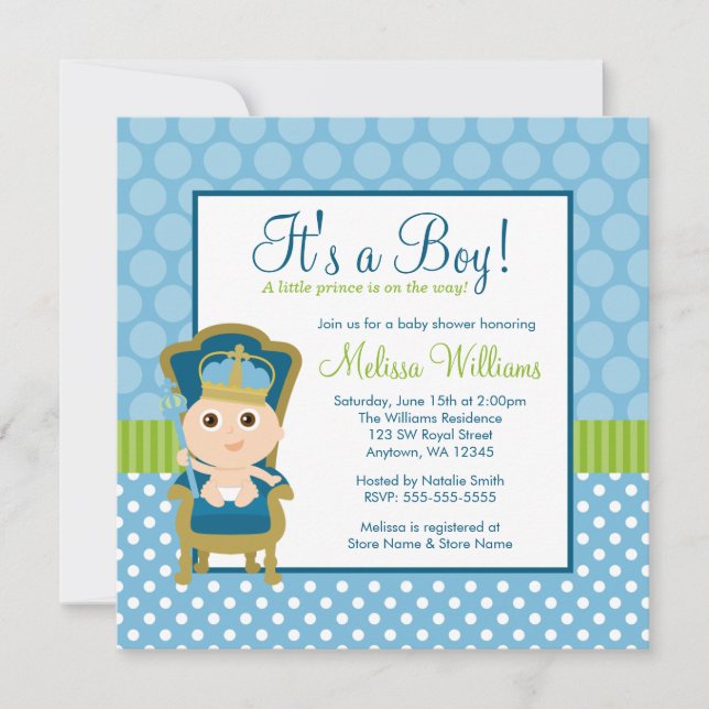 Invitation Petit Prince Trône Polka Dot Boy Baby shower (Devant)