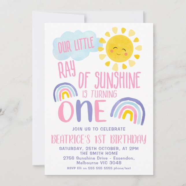 Invitation Petit Rayon Rose Violet De Soleil 1er Anniversaire (Devant)