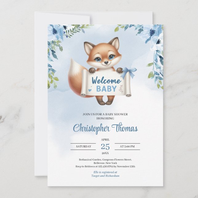 Invitation Petit renard mignon avec bannière papier dit Welco (Devant)