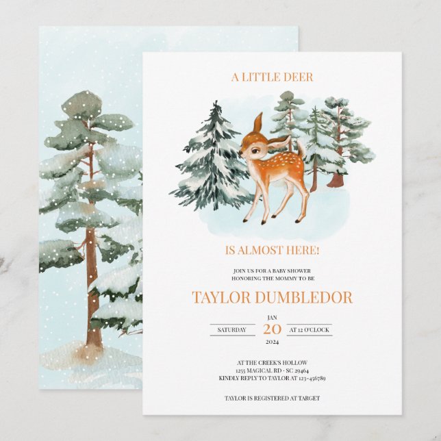 Invitation Petit renne Baby shower de Noël d'hiver neige (Devant / Derrière)