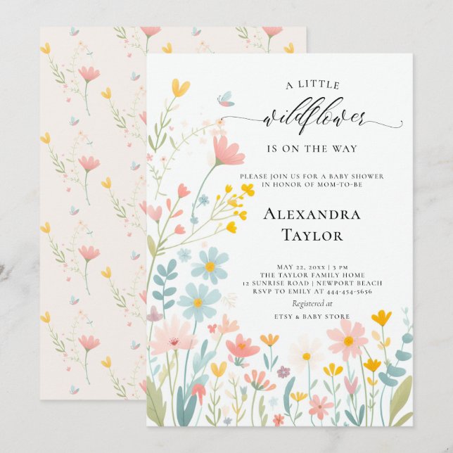 Invitation Petit Script Fleur sauvage Pastels Baby Girl Douch (Devant / Derrière)