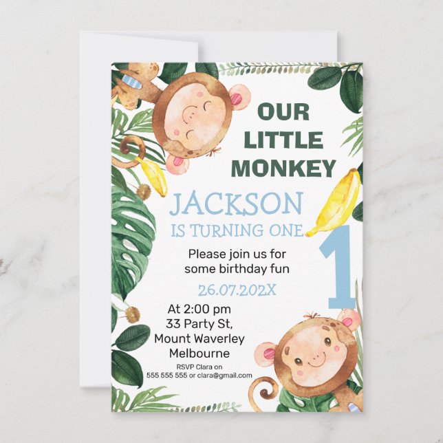 Invitation Petit Singe Cheeky Bananes Garçons 1er anniversair (Devant)