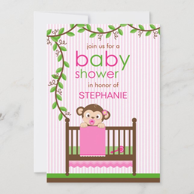 Invitation Petit singe dans un Baby shower de fille en lèche (Devant)