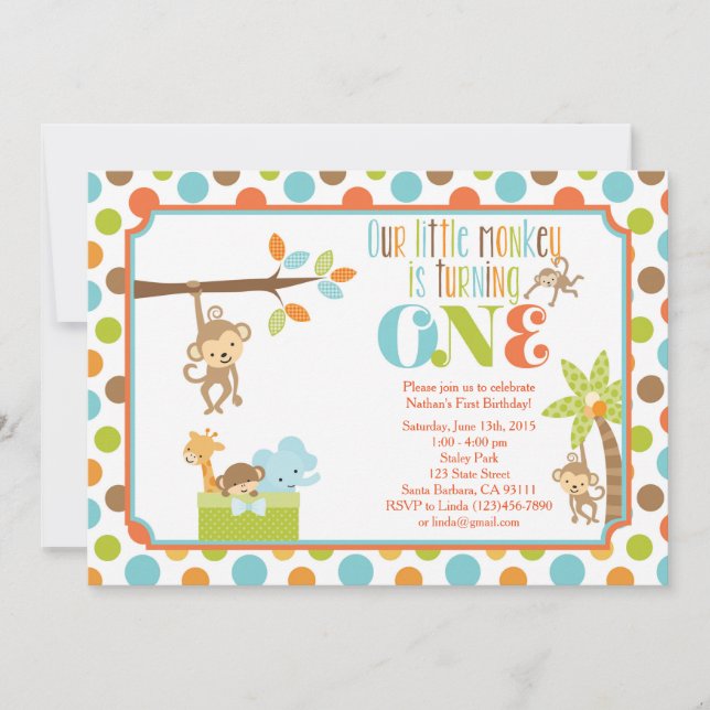 Invitation Petit Singe Jungle Animaux Premier Anniversaire In (Devant)
