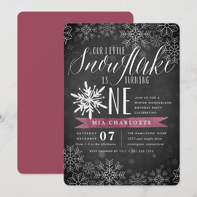 Invitation Petit Snowflake Plum Chalkboard Premier anniversai (Devant / Derrière)