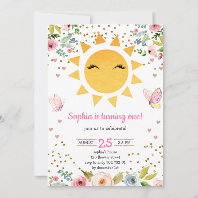 Invitation Petit Soleil Floral Cute Girl Premier anniversaire (Devant)