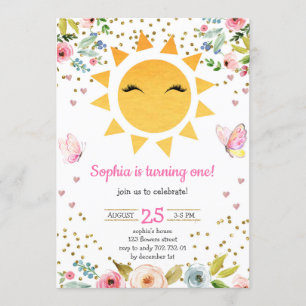 Invitation Petit Soleil Floral Cute Girl Premier anniversaire