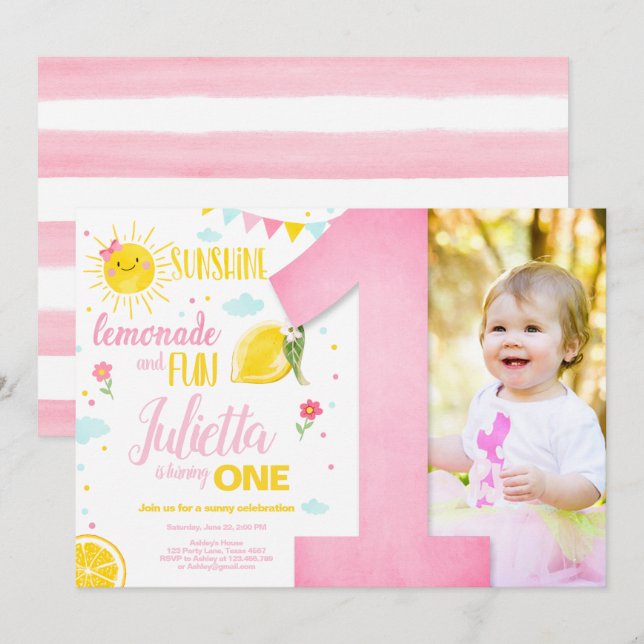 Invitation Petit soleil Lemonade Rose Girl Lemon Anniversaire (Devant / Derrière)