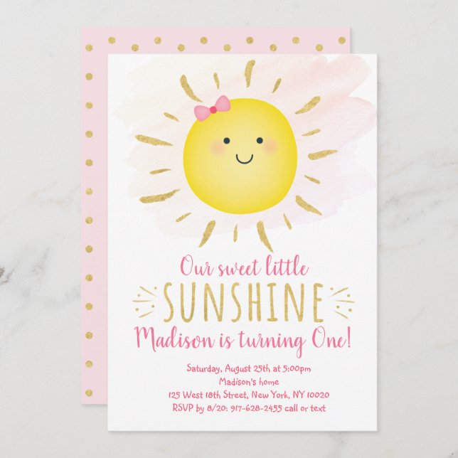Invitation Petit soleil rose et or Anniversaire (Devant / Derrière)