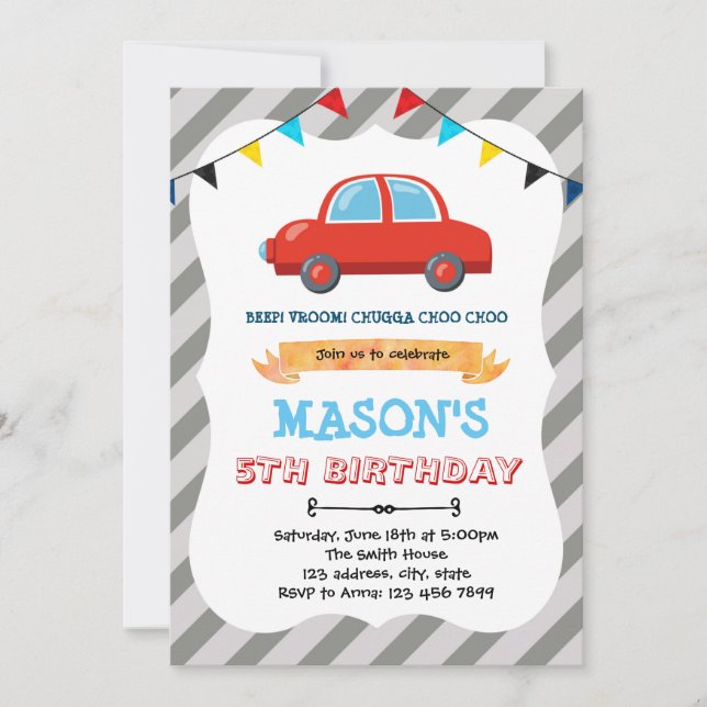 Invitation Petit thème d'anniversaire de voiture rouge Invita (Devant)