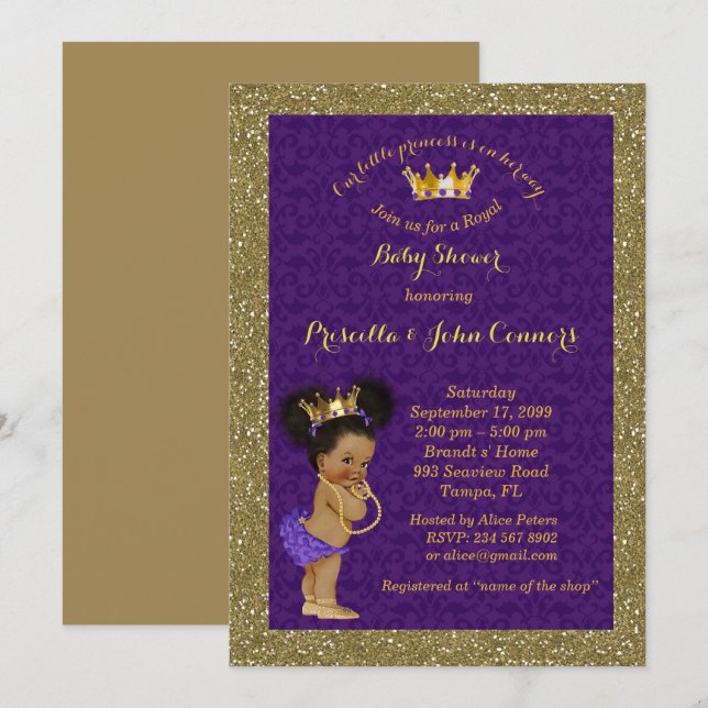 Invitation Petite Afro Princess Baby shower Invitation, viole (Devant / Derrière)