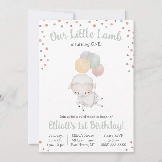 Invitation Petite agneau mignonne avec ballons fête d'anniver (Devant)