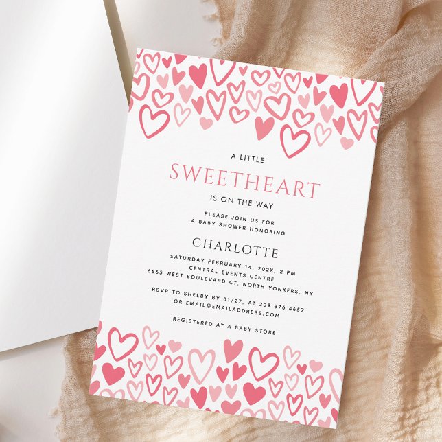 Invitation Petite amoureuse Coeurs roses Baby shower fille (A Little Sweetheart Pink Hearts Valentines Girl Baby Shower Invitation)