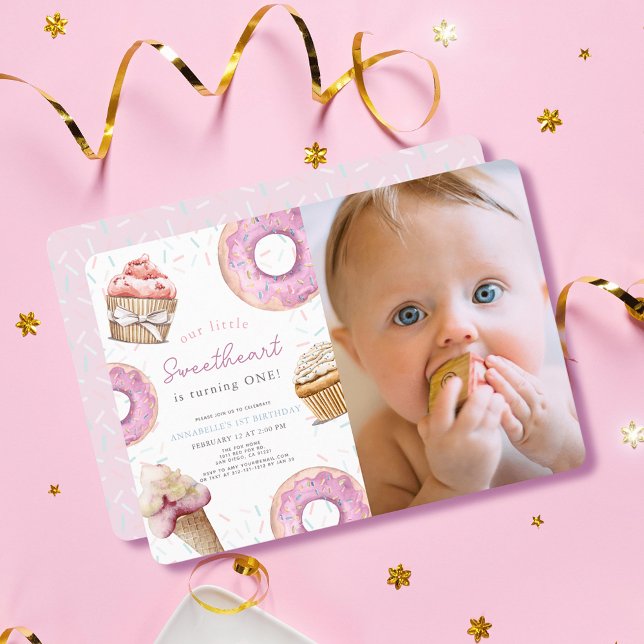 Invitation Petite amoureuse Cupcake rose Photo 1er anniversai (Créateur téléchargé)