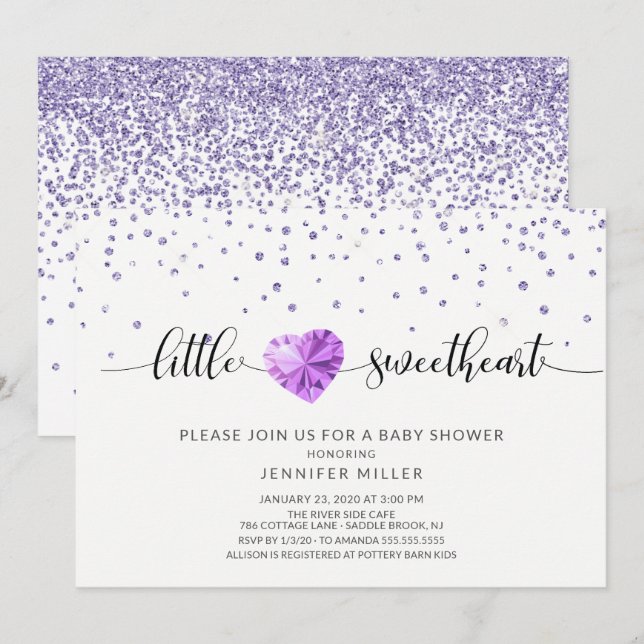 Invitation Petite amoureuse de coeur mauve Baby shower des fi (Devant / Derrière)
