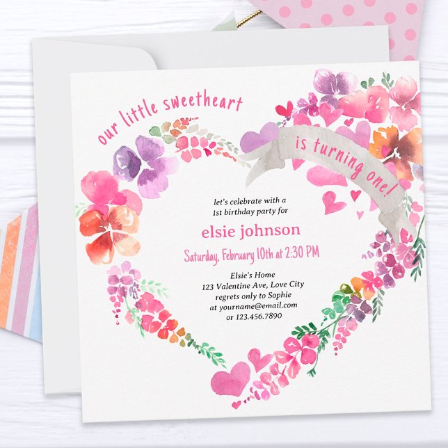 Invitation Petite amoureuse Floral Heart Girls 1er anniversai (Créateur téléchargé)