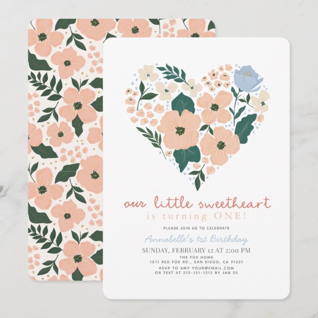 Invitation Petite amoureuse rose florale fille 1er anniversai (Devant / Derrière)