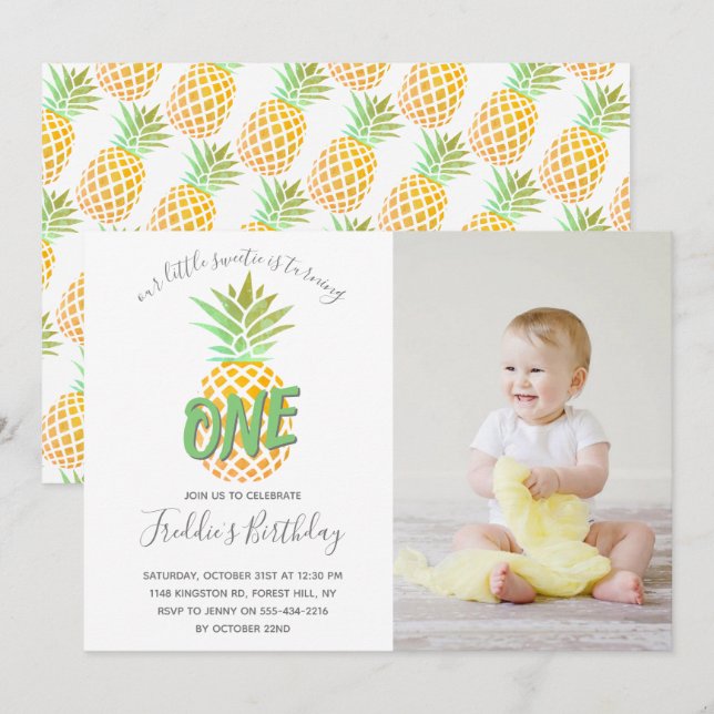 Invitation Petite ananas 1ère photo d'anniversaire (Devant / Derrière)