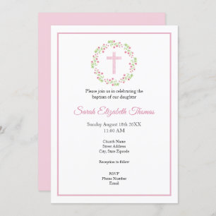 Invitation Petite aquarelle rose fleurs couronne et croix