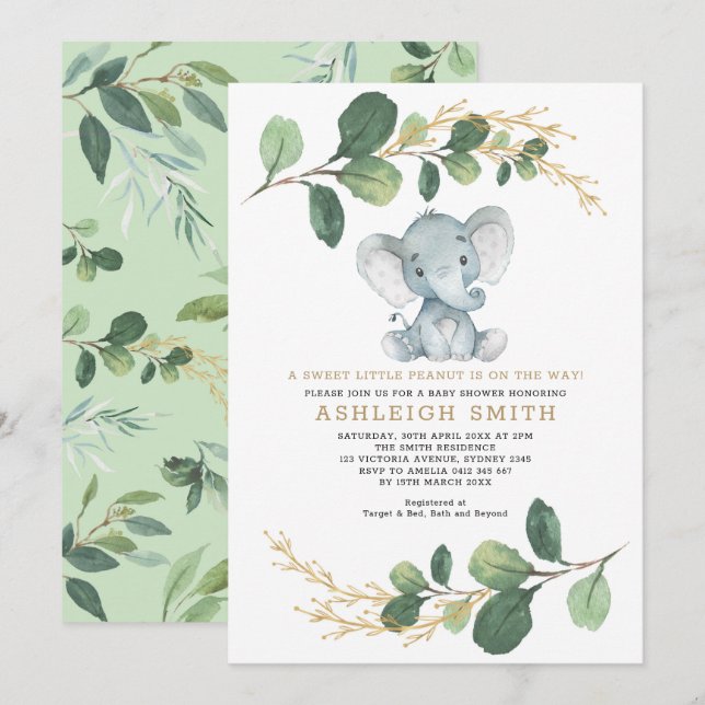 Invitation Petite arachide douce Baby shower éléphant (Devant / Derrière)
