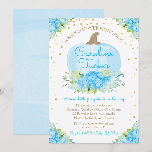 Invitation Petite Baby shower Citrouille Aquarelle Bleu Or (Devant / Derrière)