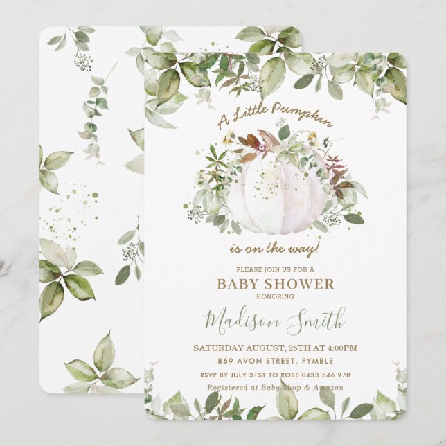 Invitation Petite Baby shower Citrouille Verdure Genre Neutre (Devant / Derrière)
