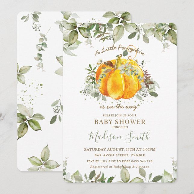 Invitation Petite Baby shower Citrouille Verdure Genre Neutre (Devant / Derrière)