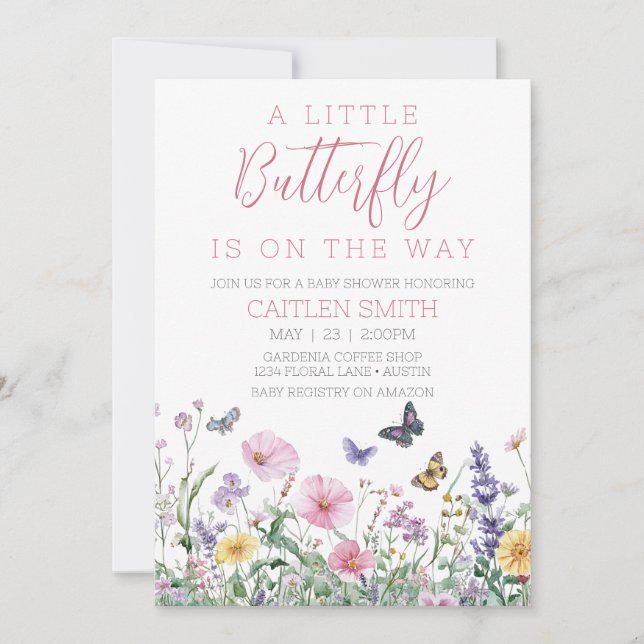 Invitation Petite Baby shower papillon aquarelle florale (Devant)