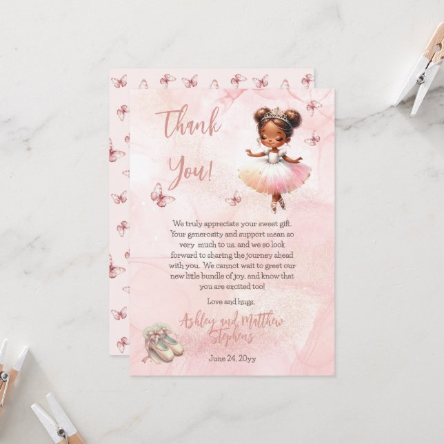 Invitation Petite Ballerina rose fille Baby shower Merci (Devant/Arrière en situation)