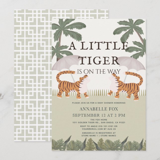 Invitation Petite chine Tiger chic Baby shower vert (Devant / Derrière)