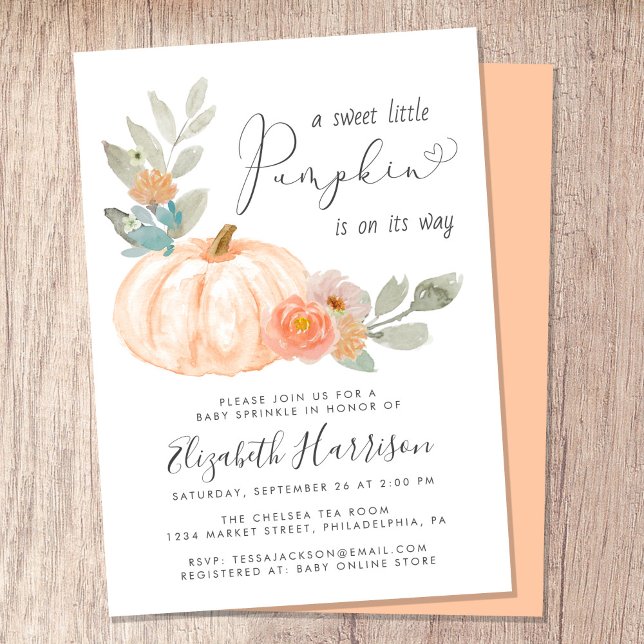Invitation Petite citrouille aquarelle Baby Sprinkle (Celebrate the upcoming arrival of your sweet little autumn baby with a pumpkin-themed baby sprinkle)