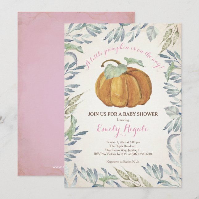 Invitation Petite Citrouille Baby shower Invitation, Fille (Devant / Derrière)