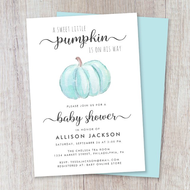 Invitation Petite Citrouille Bleu Aquarelle bébé garçon douch (Celebrate the upcoming arrival of your autumn baby boy with a pumpkin-themed baby shower)