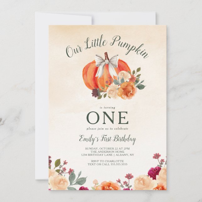 Invitation Petite Citrouille Bow Girls Premier anniversaire (Devant)